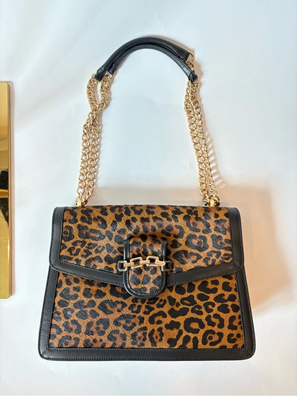 Italian Leather & Leopard Calf Hair Shoulder Bag with Gold Chain